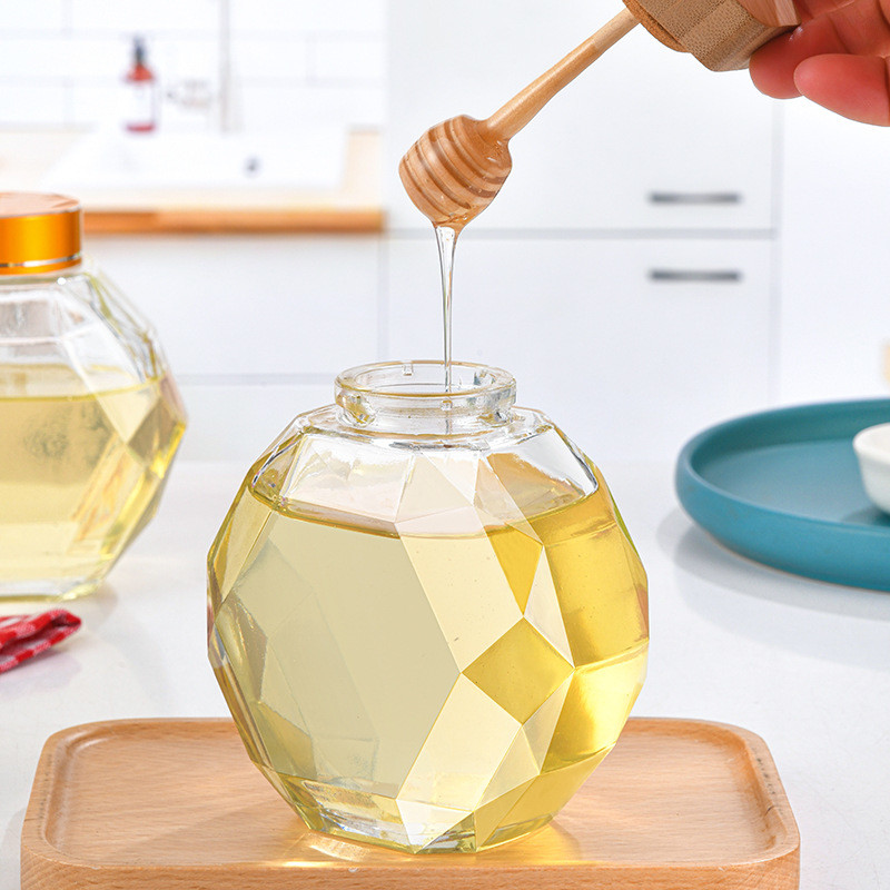 380ml Geometric Hexagon Glass Honey Jars With Metal Lid