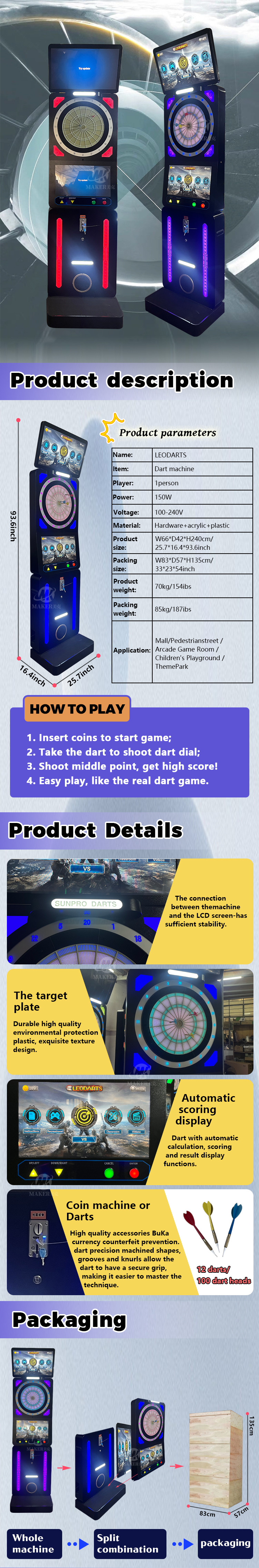 66cm Length Electronic Dart Machine 100-240v Leodarts Shoot Machine For Playground