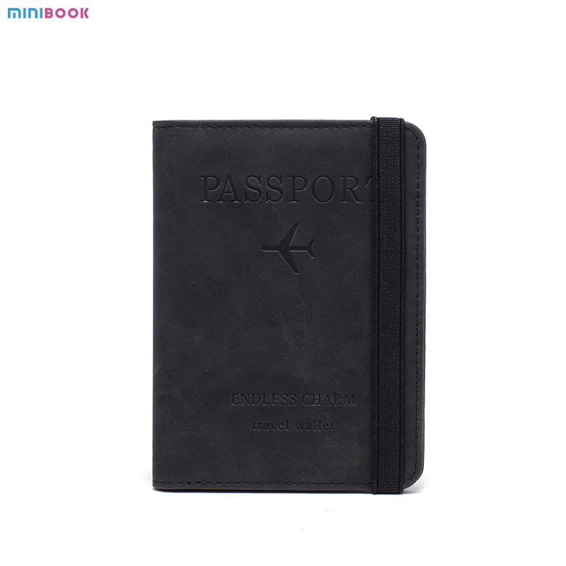 Leather Passport Cover Case Stamping Simple Plane for Travel Document and Credit Card