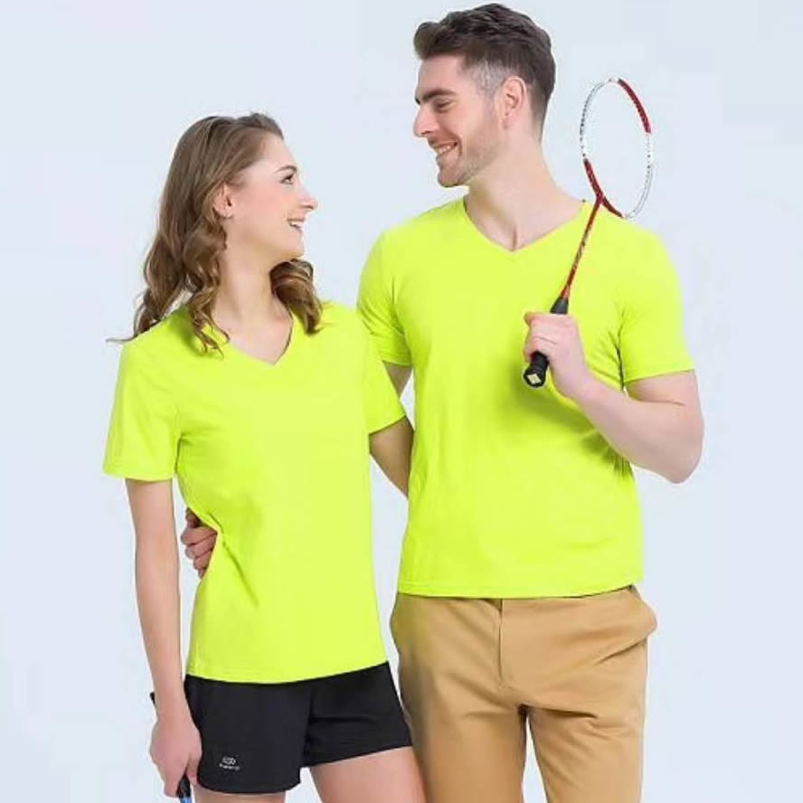 Yellow color V neck Customized logo printed T-shirt cotton preshrunk fabric moisture absorption sports apparel