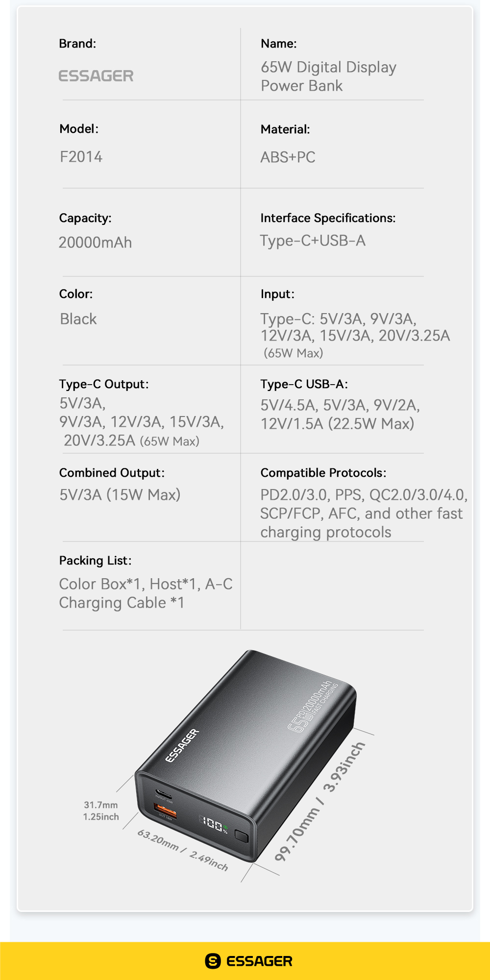 ESSAGER F2014 Series USB C 18W USB Power Bank 20000mah 65W For Phone