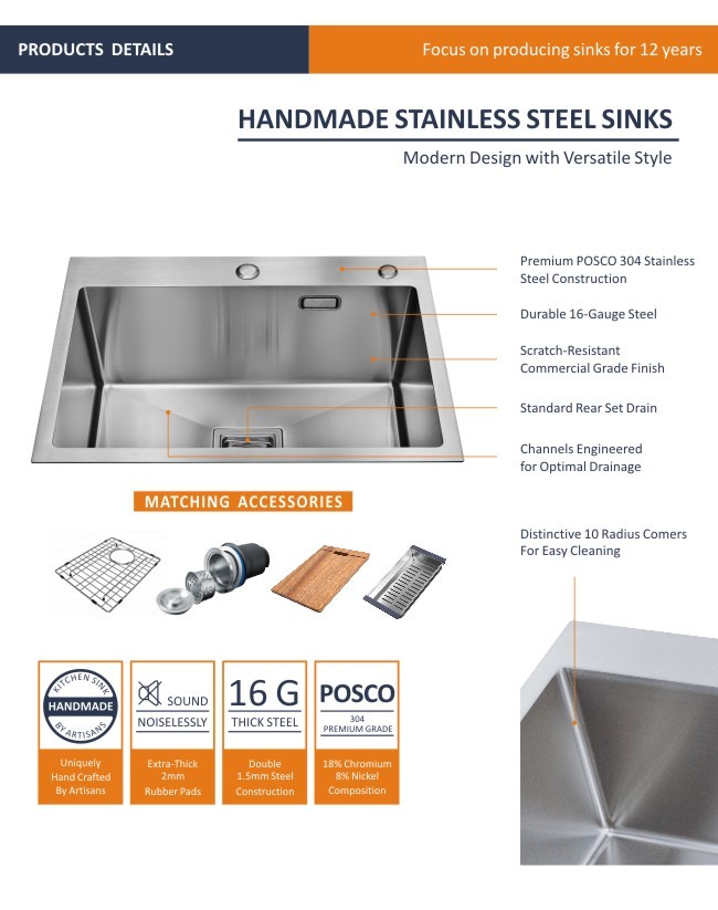 Topmount Stainless Steel Kitchen Sink Brushed Single Bowl 18 Gauge 68x45