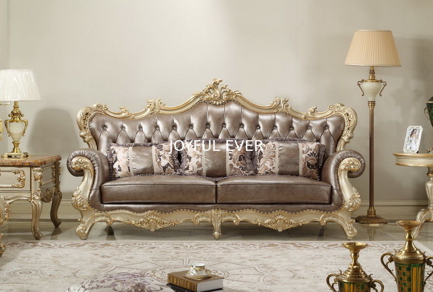 French style Luxury design of Living room Sofa sets 1+2+3 used Beech wood Carving and Import Italy Leather Furniture
