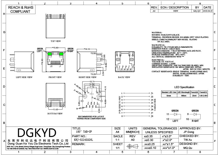 KRJ-5224SGGNL 180 Degree 8P8C Modular Connector RJ45 Single Port Without Transformer