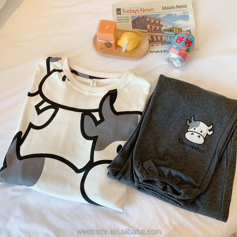 Printed cow long sleeve girl pajamas for ladies leisure wear pajamas 2 piece pajama set