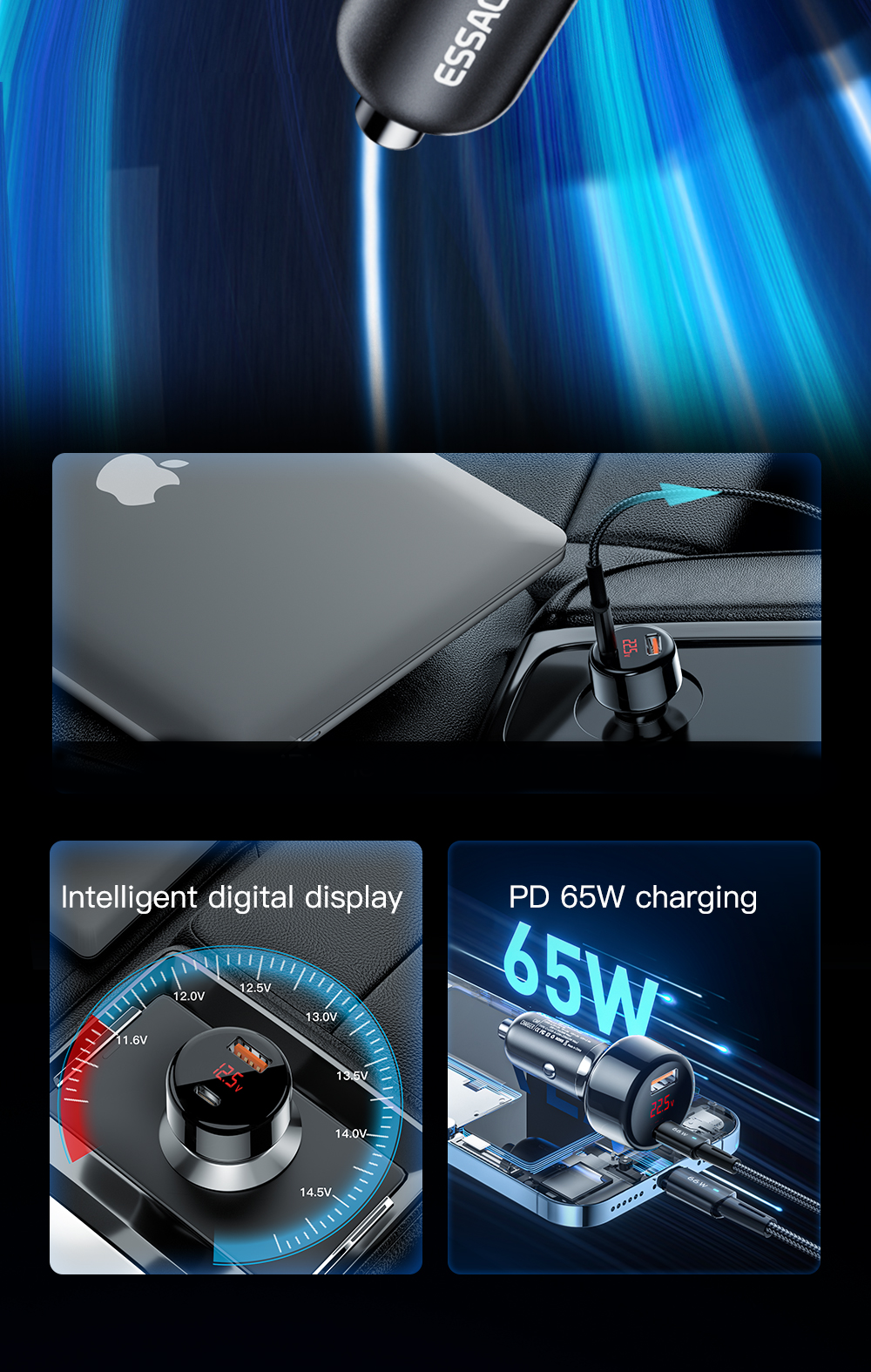 Essager 2022 Torch Phone Charging Fast Charge Dual 2 Port Usb Type C Pd Qc 3.0 Mini Adapter 65W Car Charger