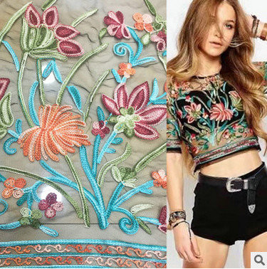Polyester Wide Jacquard Embroidered Mesh Lace Fabric By The Yard With Colored 3D Flower