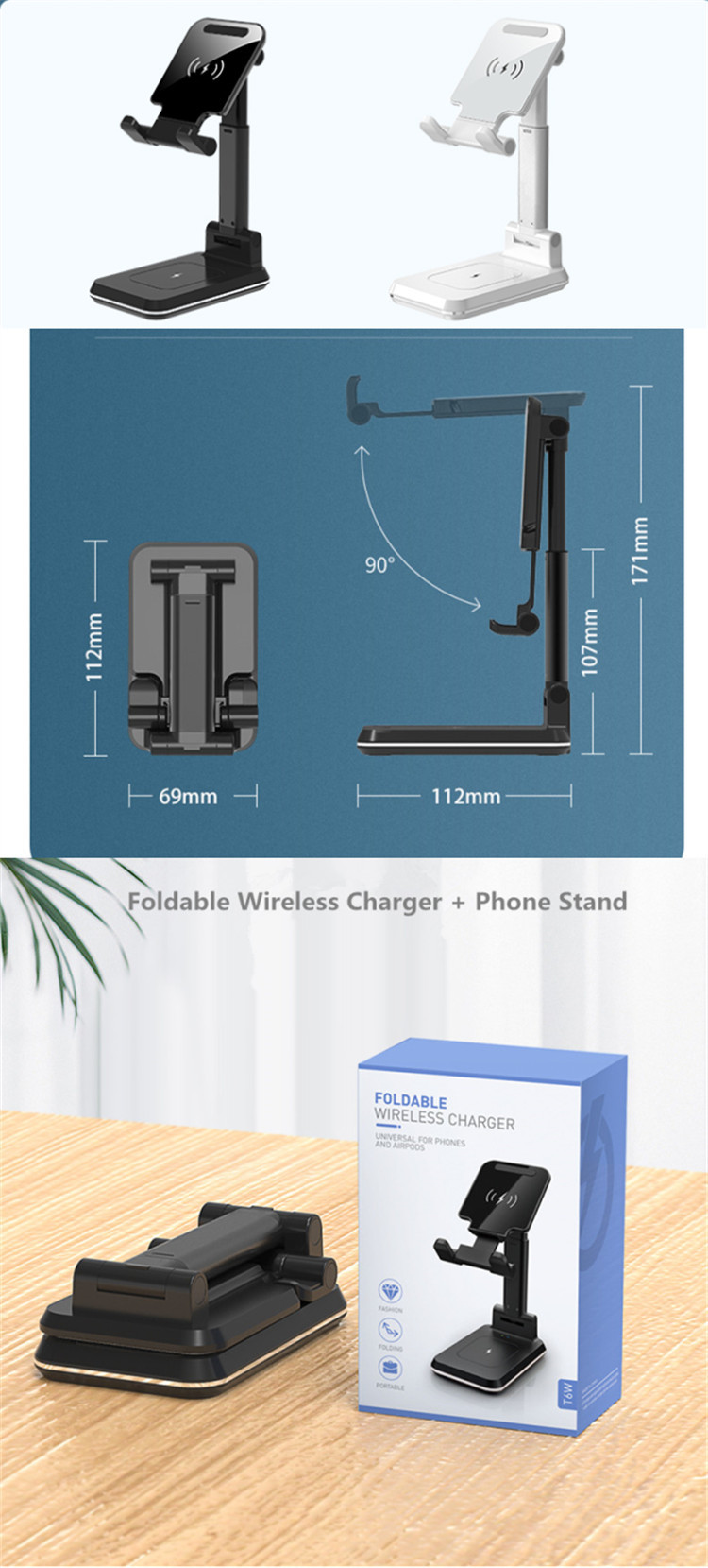 Dual Coil Wireless Charging Station 10W Foldable Portable Phone Holder