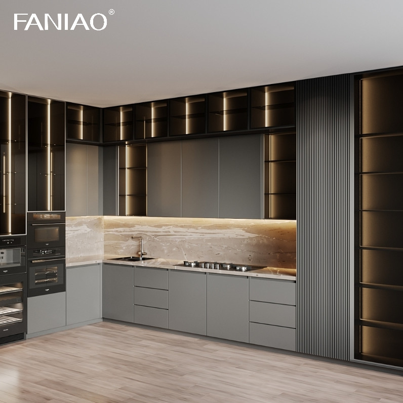 Particleboard MDF Plywood Solid Wood With Acyclic Lacquer Matt High Glossy PVC PET Melamine Finished Kitchen Cabinet