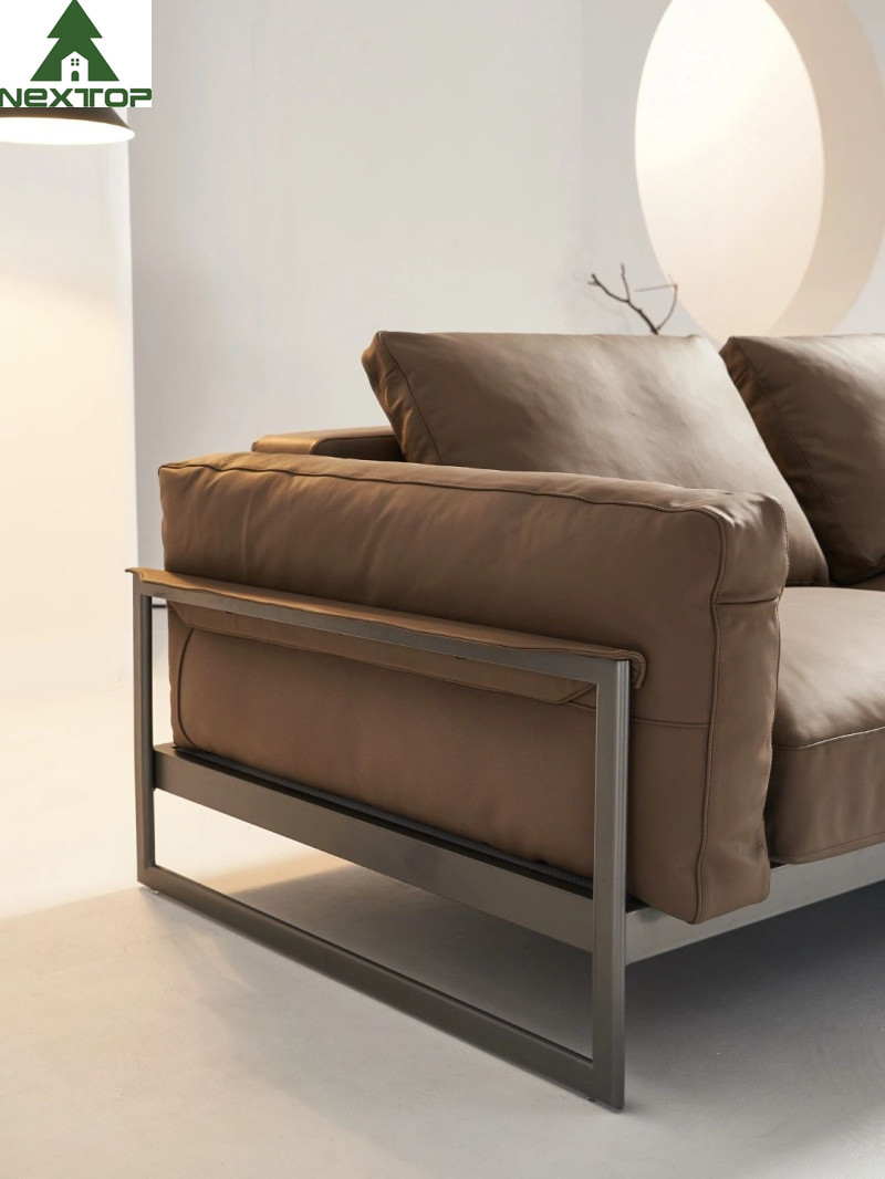 Living Leather Brown Hotel Room Sofa 3 Seaters Soft Reclining Sofa Metal Frame