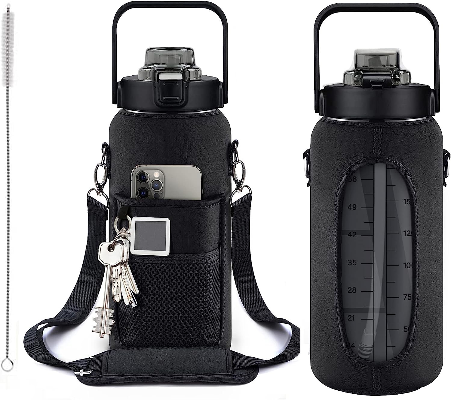 Half Gallon Water Bottle With Sleeve 64oz (2L) Inspirational Water Bottle With Straw and Time Stamp,