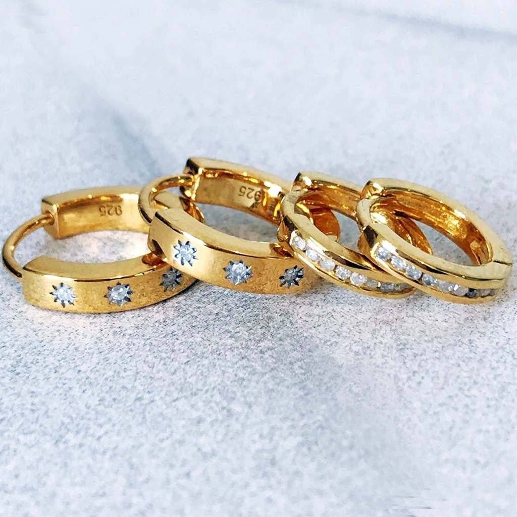 Stylish EARRINGS 14K Gold Vermeil Star Set Diamond Hugging Hoops For Effortless Style