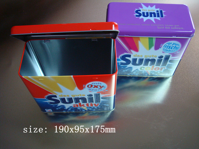 Sunil Washing Powder Metal Tin Container Box / Lid With Hinger , Silver Inside