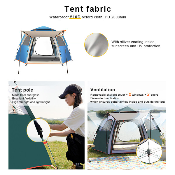 Outdoor Hexagon Camping Tent Automatic Pop Up Tents Blue Large Tents