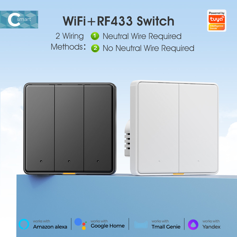 Tuya WiFi RF433 Smart Wall Switch, 110-250V, No Neutral Wire Required, Voice Control with Alexa, Google Home, Tmall Genie, and App Timing Features