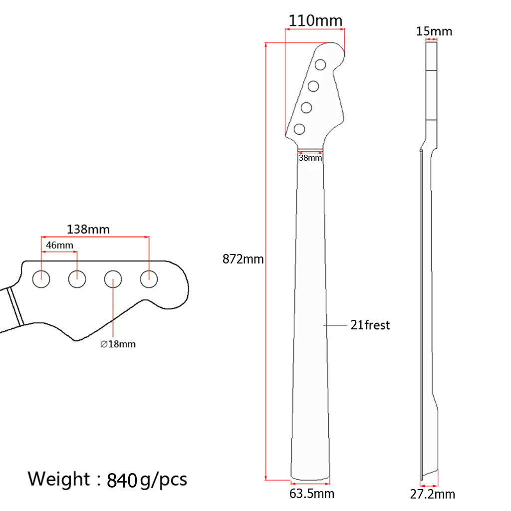 Bass Guitar Neck Maple 21 Frets With White Dot Inlay 34.33 Inch Replacement Guitar Neck