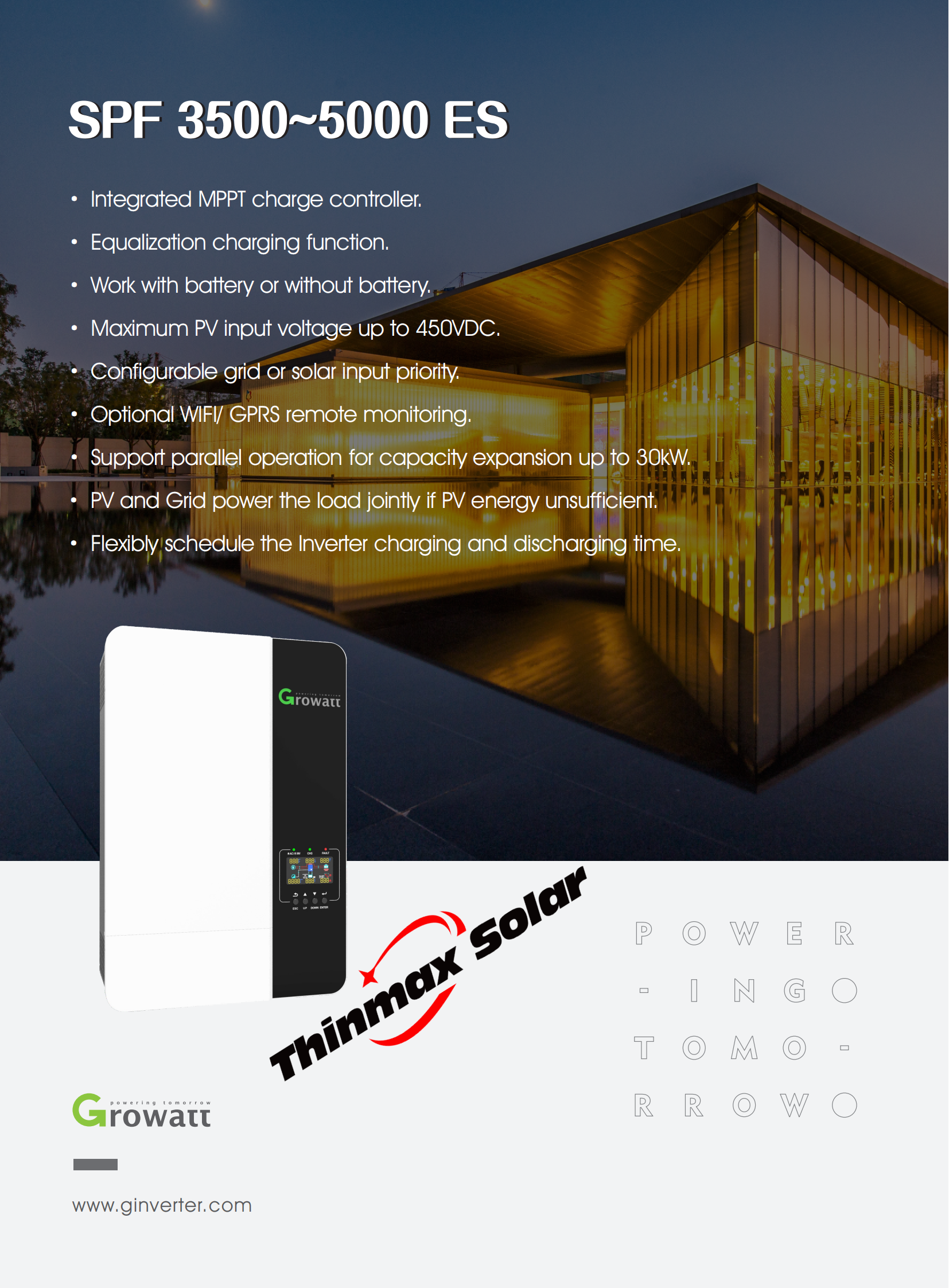 Split Phase Hybrid Solar Power Inverter Growatt Off Grid 120V 240V SPF 3500 ES 3.5KW