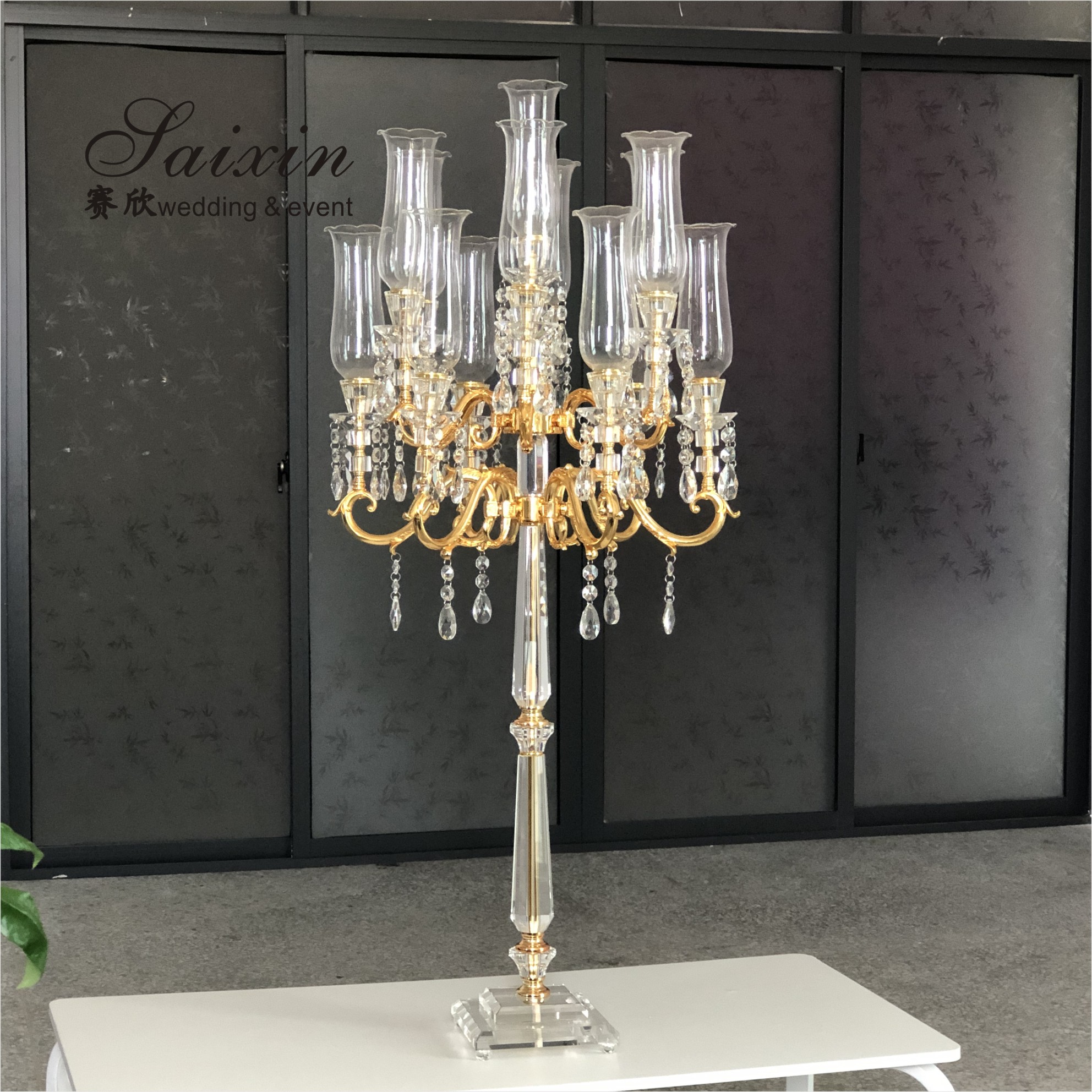 5 Arm 9 Arms Gold Metal And Crystal Candelabra Wedding Centerpieces 130CM
