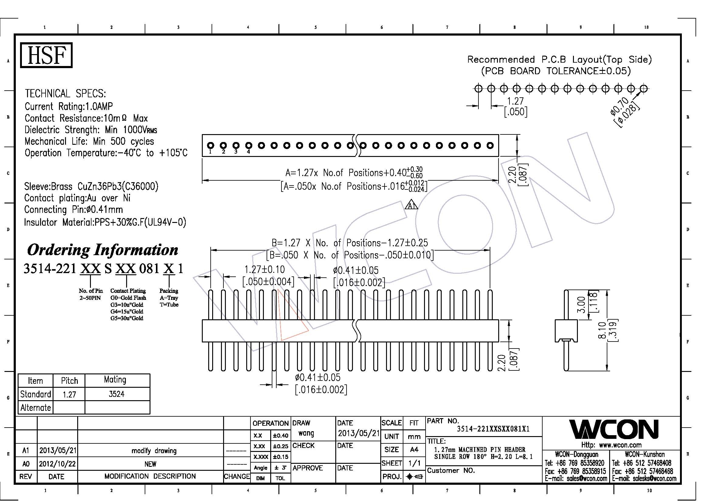 WCON 1.27mm Pitch Round Pin Header Single Row 1*40P Straight height 2.2mm length 8.1mm Connector