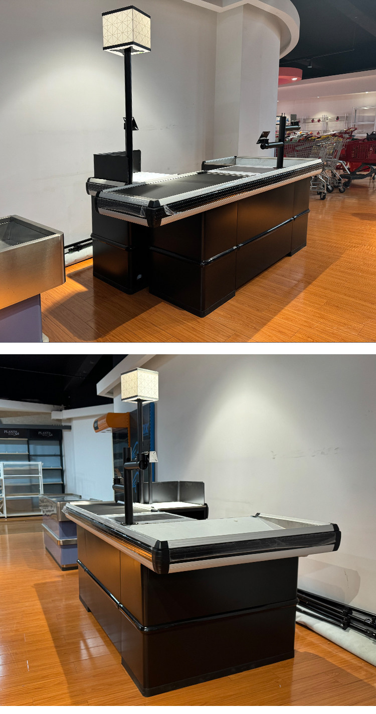 Customized Supermarket Checkout Counter With Stainless Steel Table