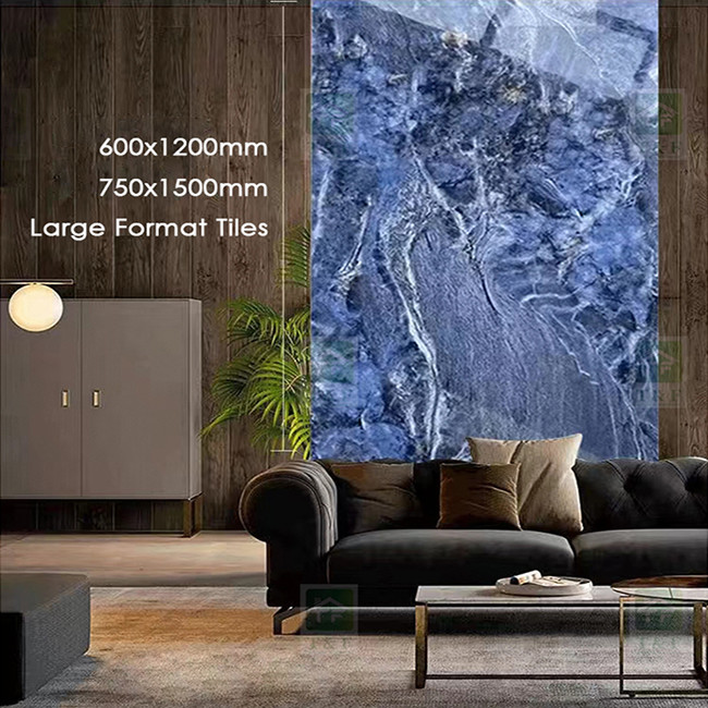 Apartment Glazed Polished Porcelain Tiles 60x120 Full Body Blue Glossy Interior