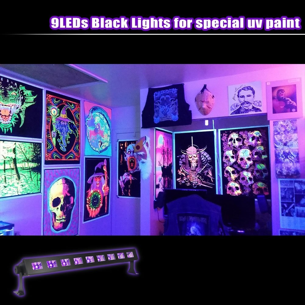 Black Light Bar with 9x3W UV LED Bar in Metal Housing for party