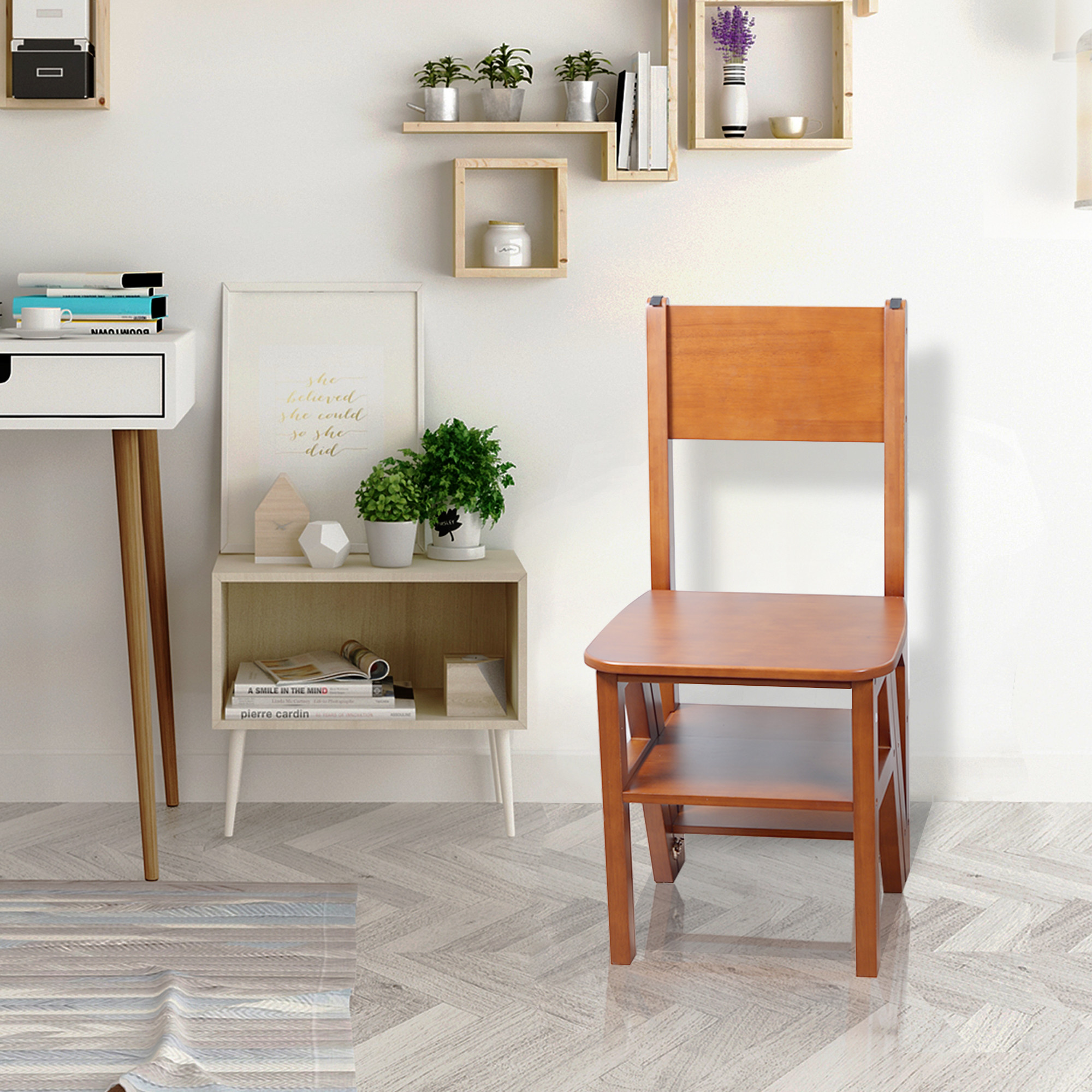 Ladder Back Wooden Folding Dining Chair Multi Functional Transformed Chair Ladder