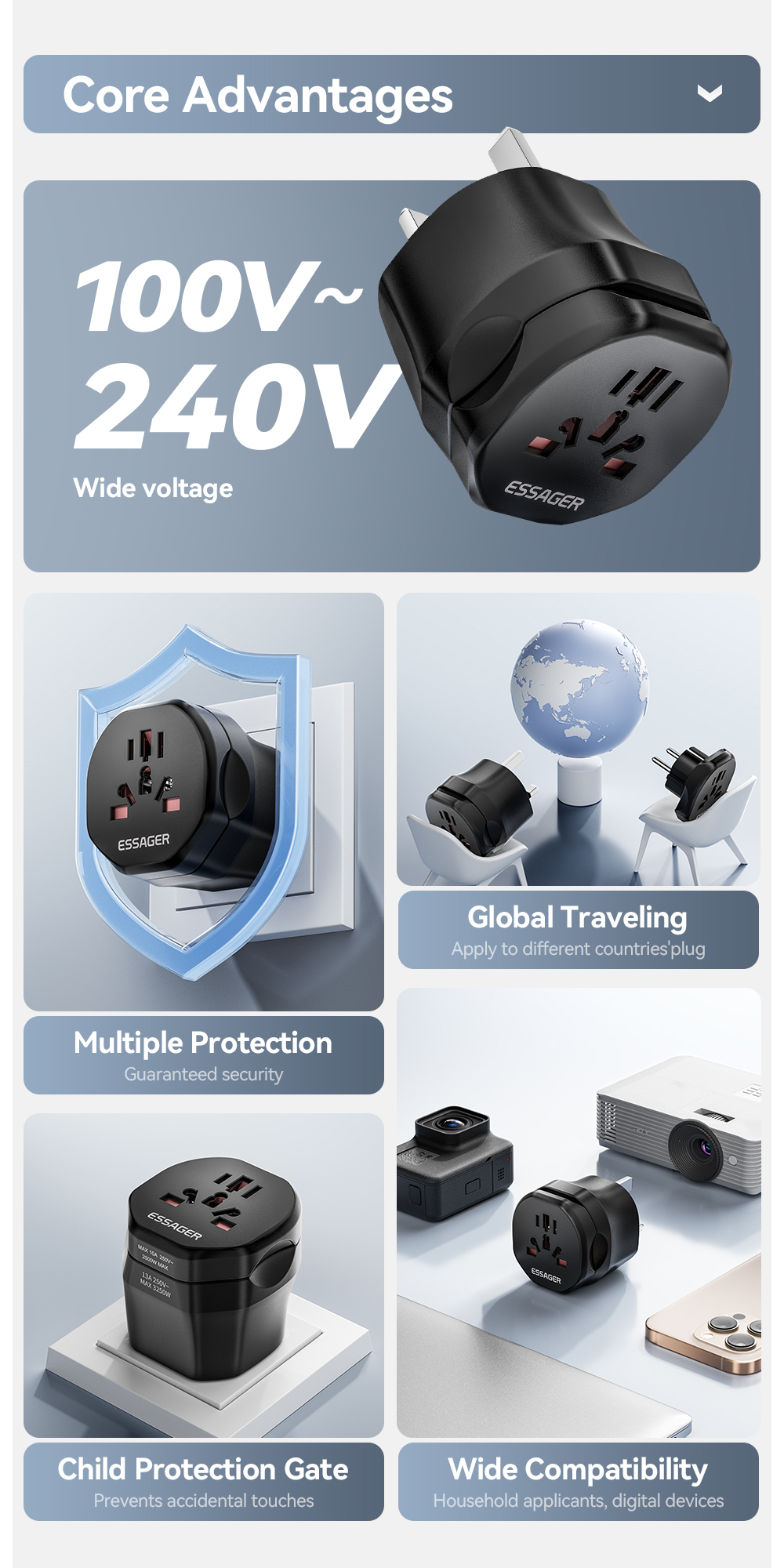 ESSAGER WL-033-WL-09 Series EU UK to Universal UK to EU Travel Power Adapter