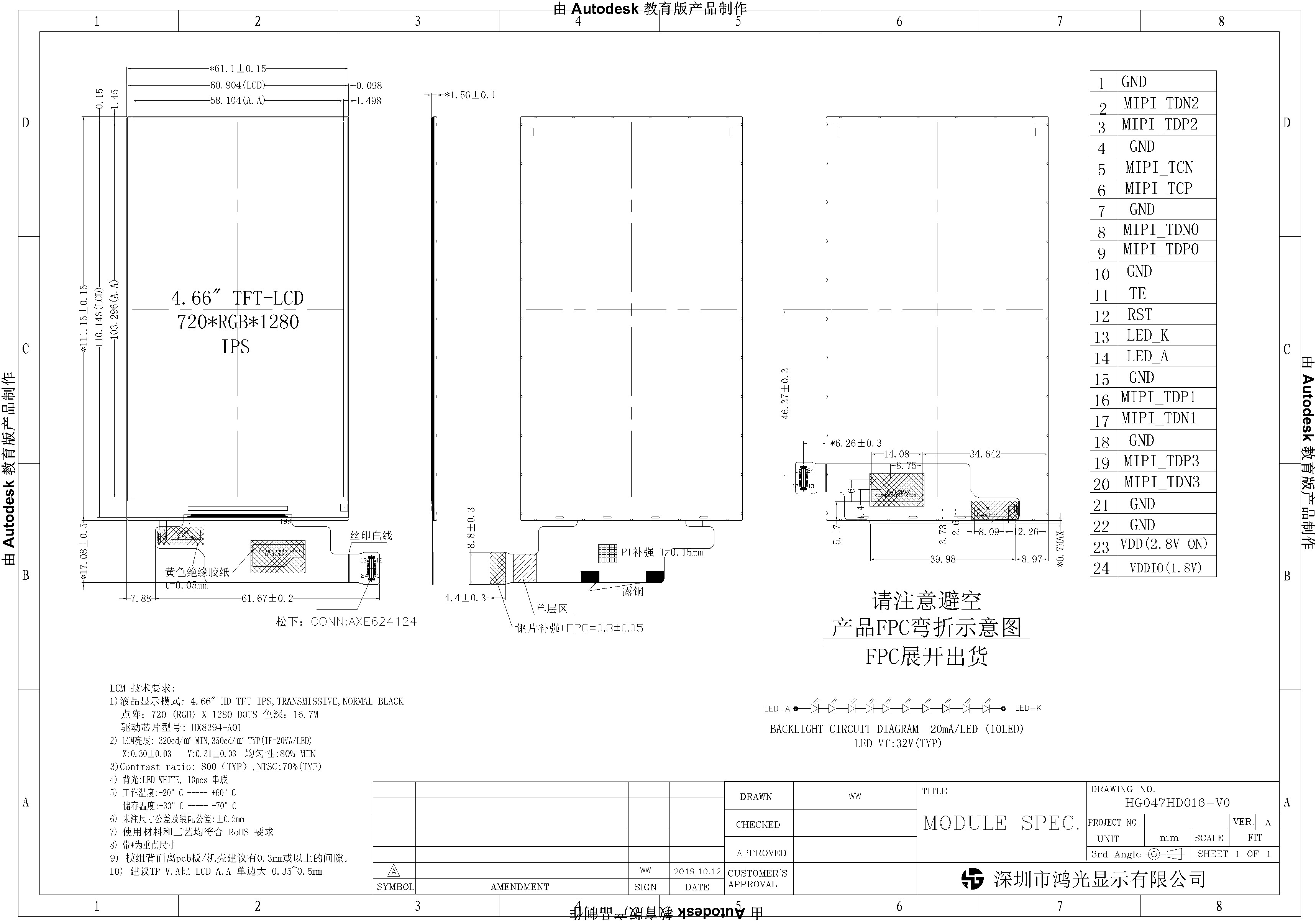 4.66 Inch RGB Interface 720x1280 Portable TFT Display For Handheld Devices