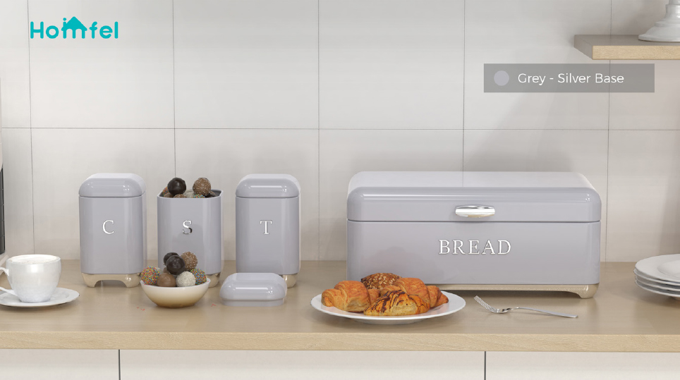 Square Kitchen Storage Bread Containers Crown Series Metal Bread Bin Set For Tea Can And Coffee Can
