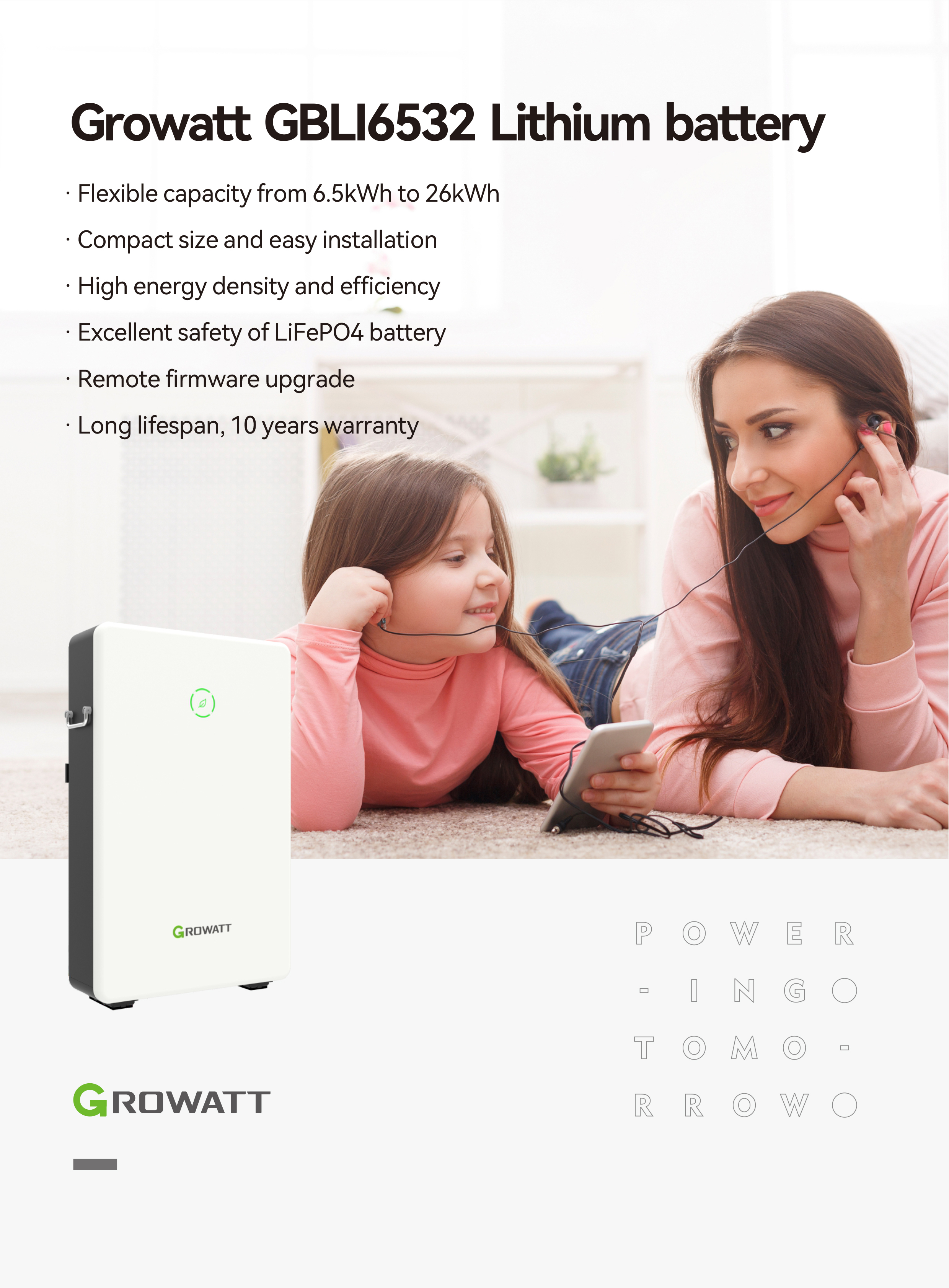 Growatt GBLI6532 Flexible Capacity 6.5kWh LiFePO4 Battery for Solar Storage IP55 Design