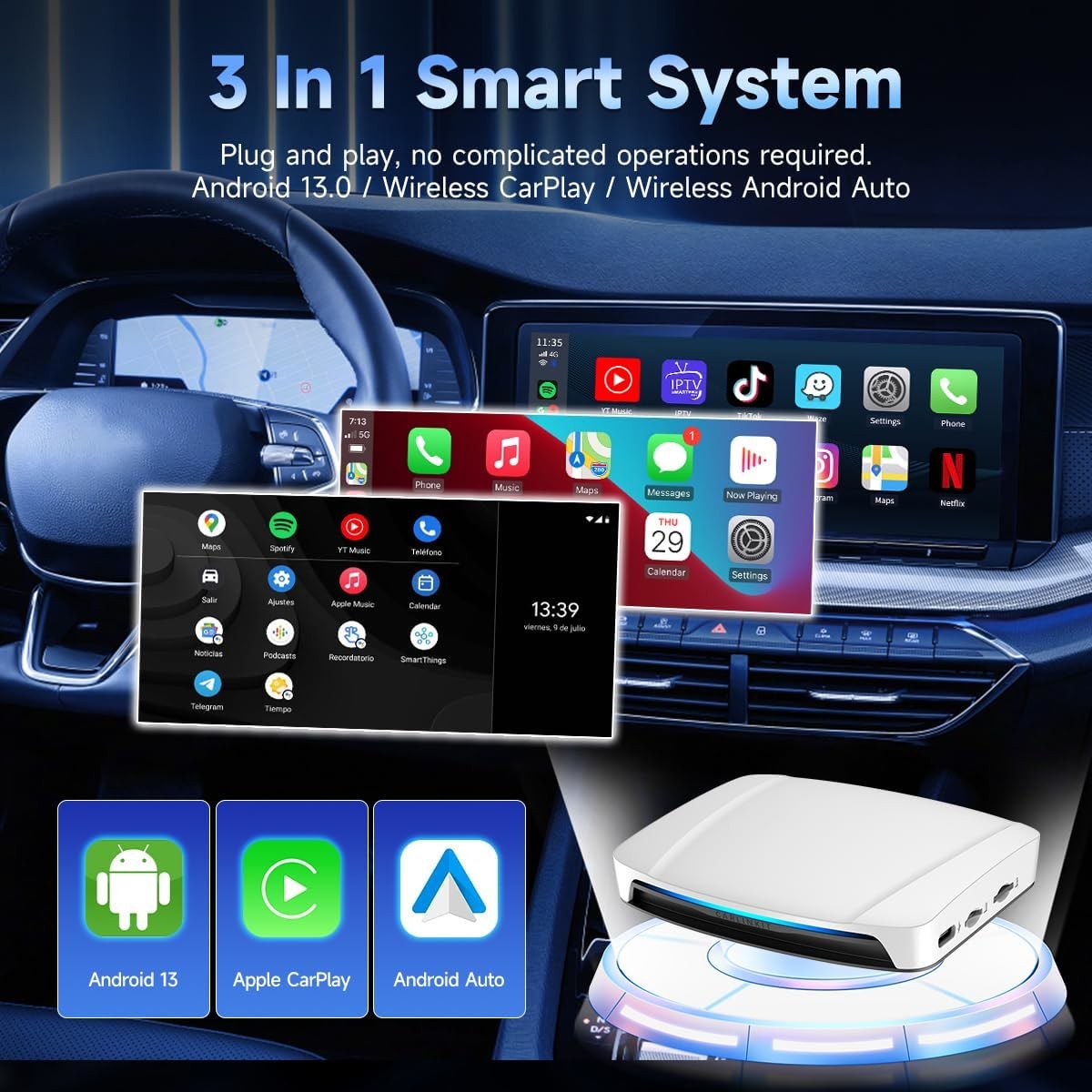 Carplay And Andriod Auto To Multi Media Tbox UHD USB HDMI Port 8G 128Gb SM6225 Android 13 Video Ai Box