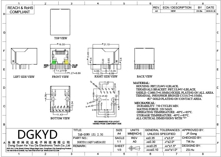 DGKYD111Q571AB2A1D 2.5G Filtering Industrial Grade RJ45 Single Port Shielded Connector Modular Interface With Light PBT