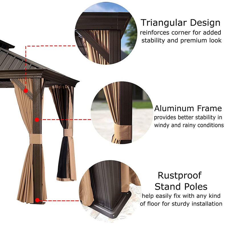 Gazebo With Mosquito Netting Polycarbonate Double-Roof Canopy Metal Roof Gazebo