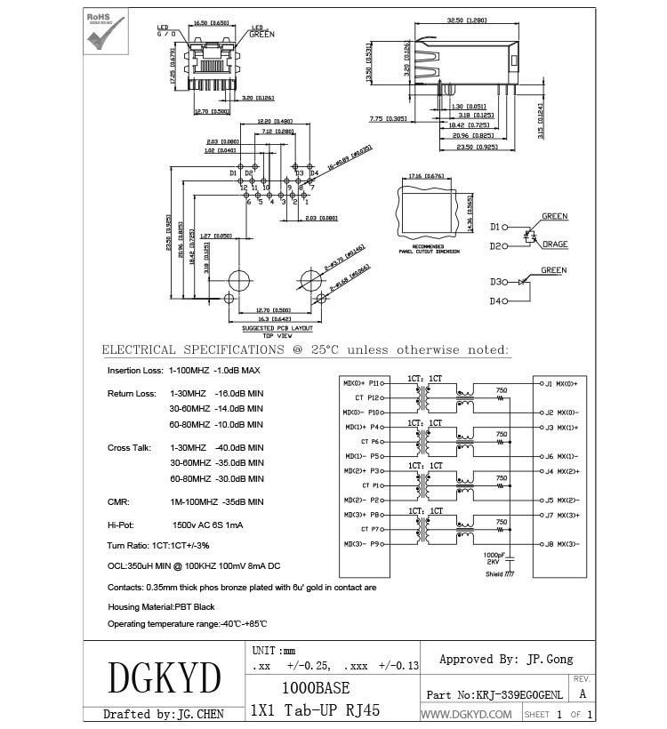 12 Pin Shielded 1000 BASE - TX Industrial Integrated Magnetics RJ45 Connector, Bi-Color LED