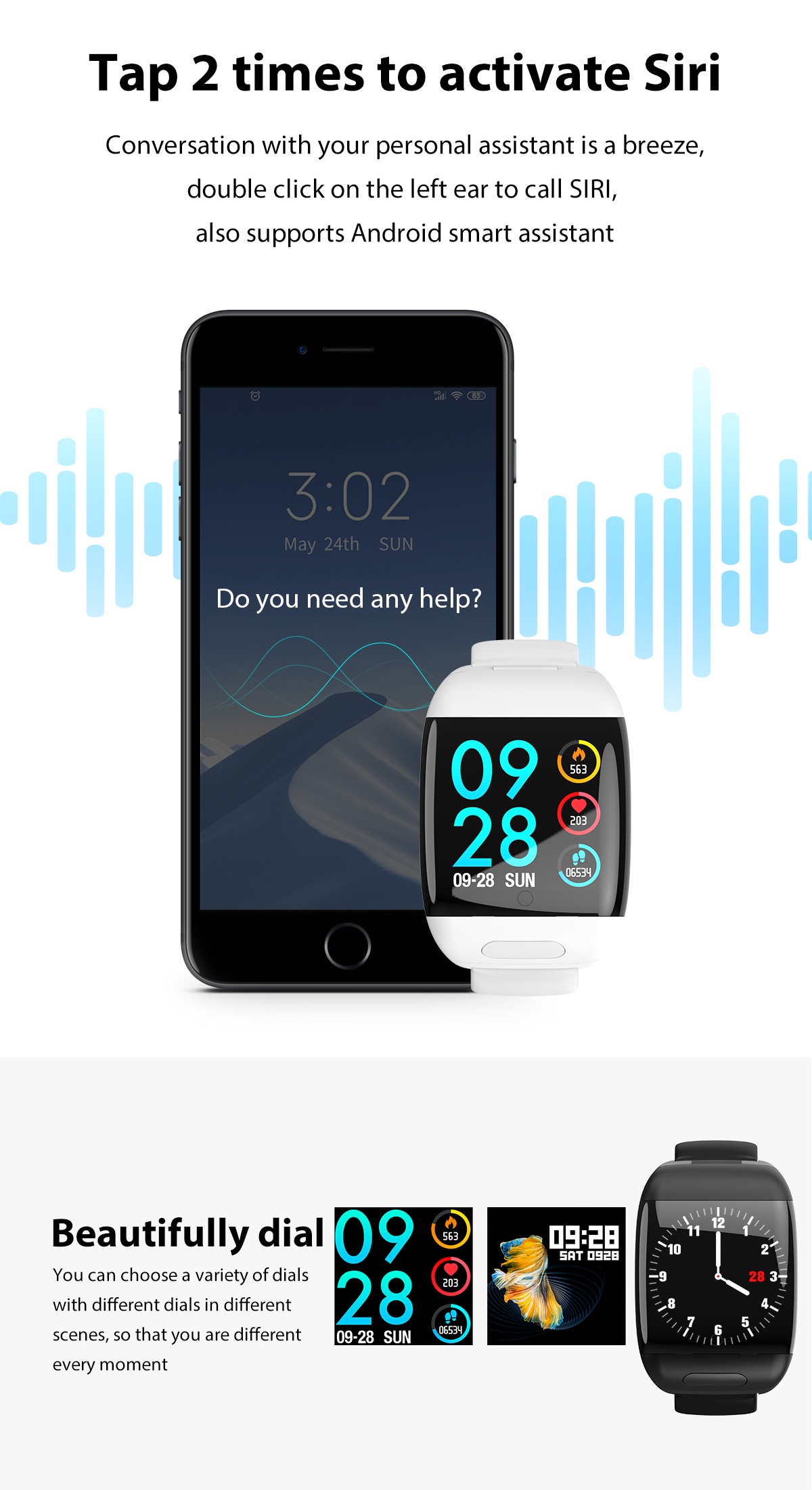 HL36 smart watch Sleep Monitoring 1.3inch Waterproof Running Watch SMS WeChat Call Reminder