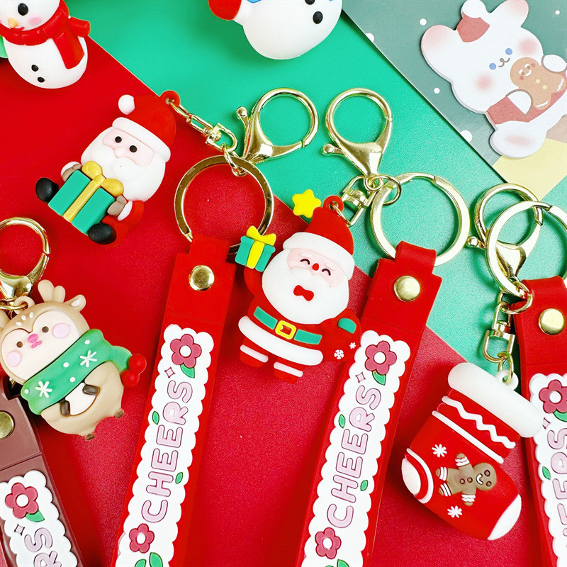 Cute Christmas Silicone Bag Pendant Keychain Soft Kawaii Car Key Chain Charms For Women Men Christmas Birthday Kid Gifts