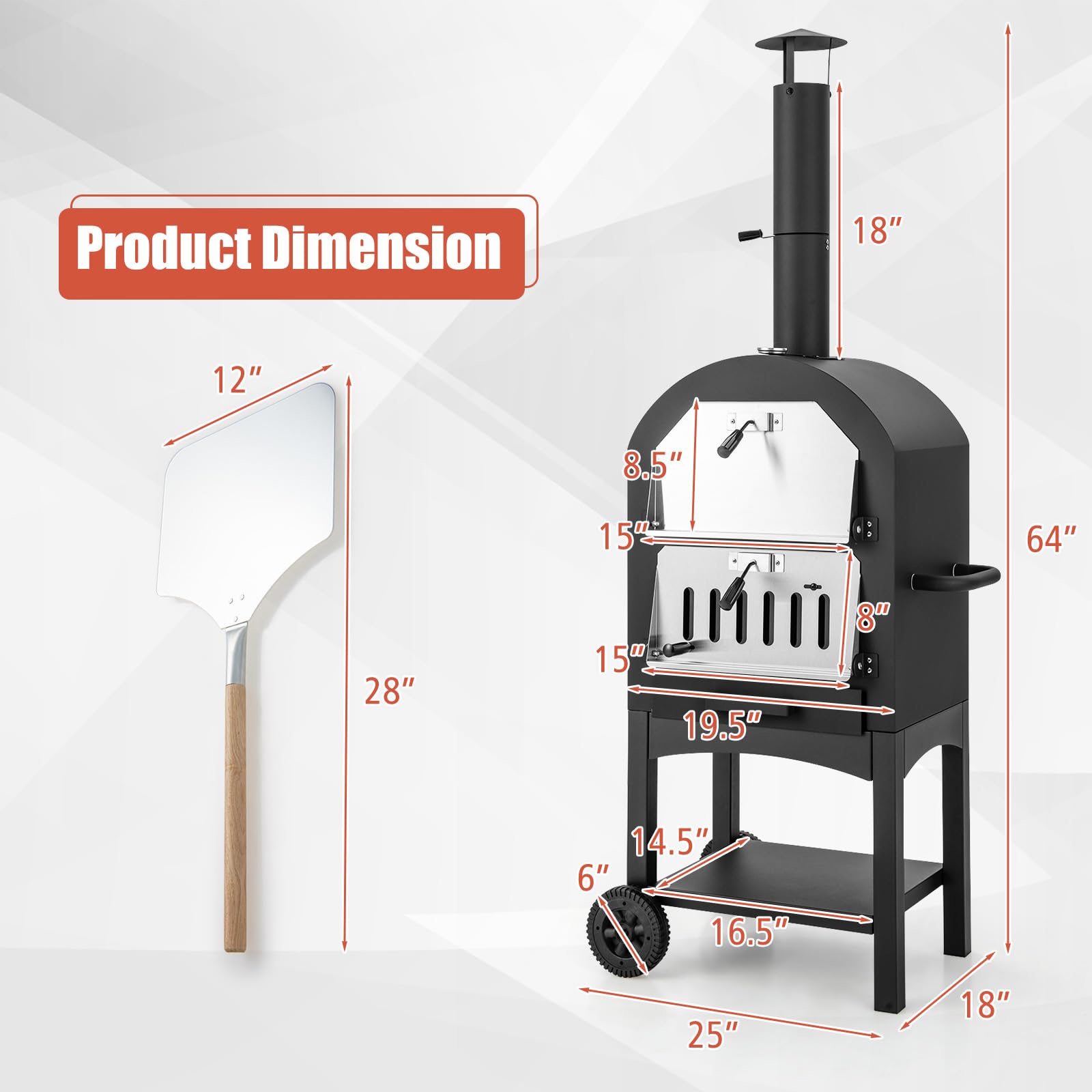 Outdoor Woodfired Charcoal Pizza Maker Trolley Grill with Pizza Stone and Waterproof Cover
