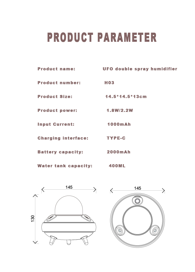400ML Cute Design UFO Humidifier Double Spray Humidification Quiet Rechargeable USB Humidifier With Colorful Night Light