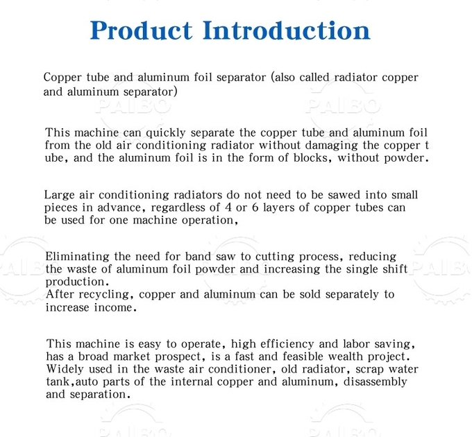 Air Separation Method Scrap Air Conditioner Condenser Coil Recycling Machine radiator shredder