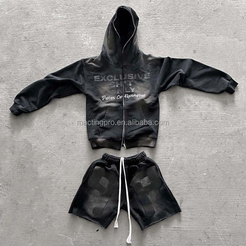 Acid Wash Zip Up Hoodie and Sweatpants Set Custom Design for Men
