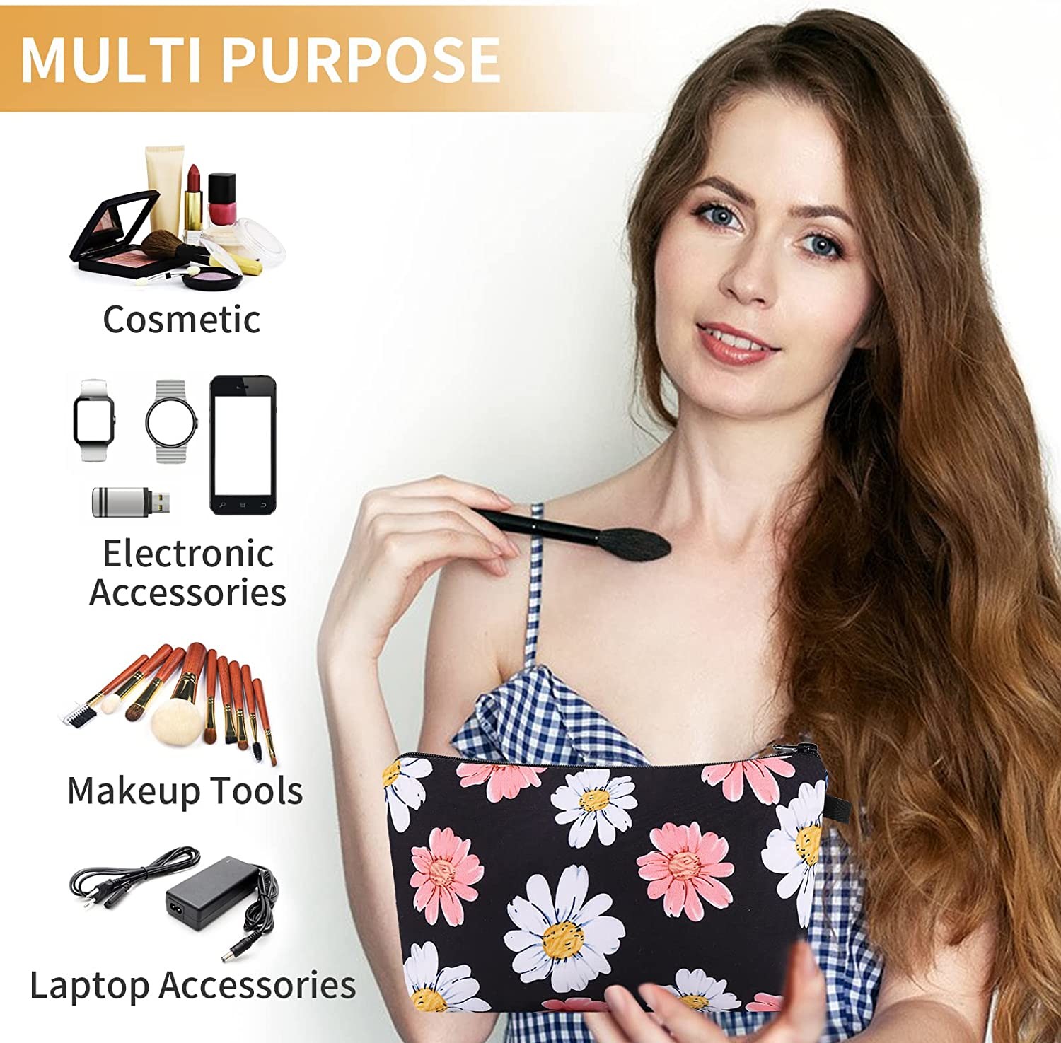Women Cute Makeup Bag Travel Organizer Pouches with Zipper Sunflower Waterproof Printed Roomy Toiletry Bag
