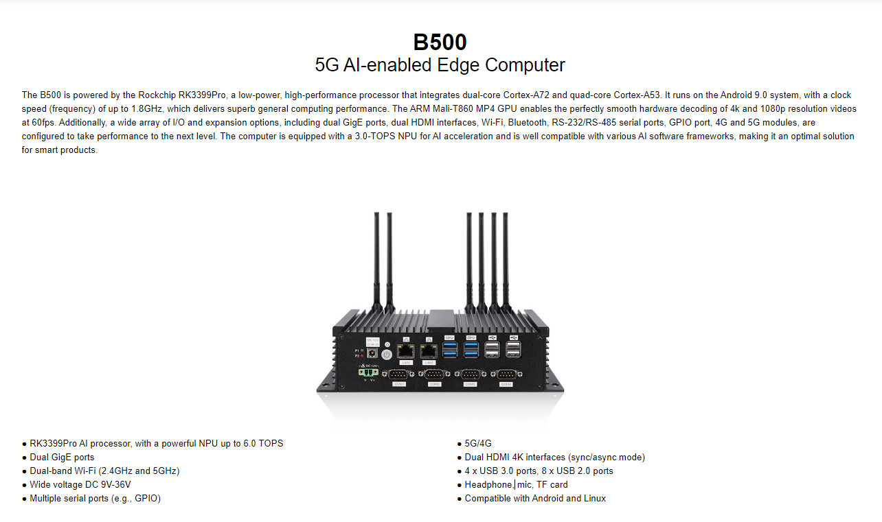 B500 5G AI-enabled Edge Computer Hexa-core RK3399 Pro processor 3.0 TOPS Al Computing
