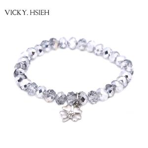 VICKY.HSIEH Best Basic Half Silver Coated Glass Crystal Beads Stretch Bracelet with Clover Charm Manufactures