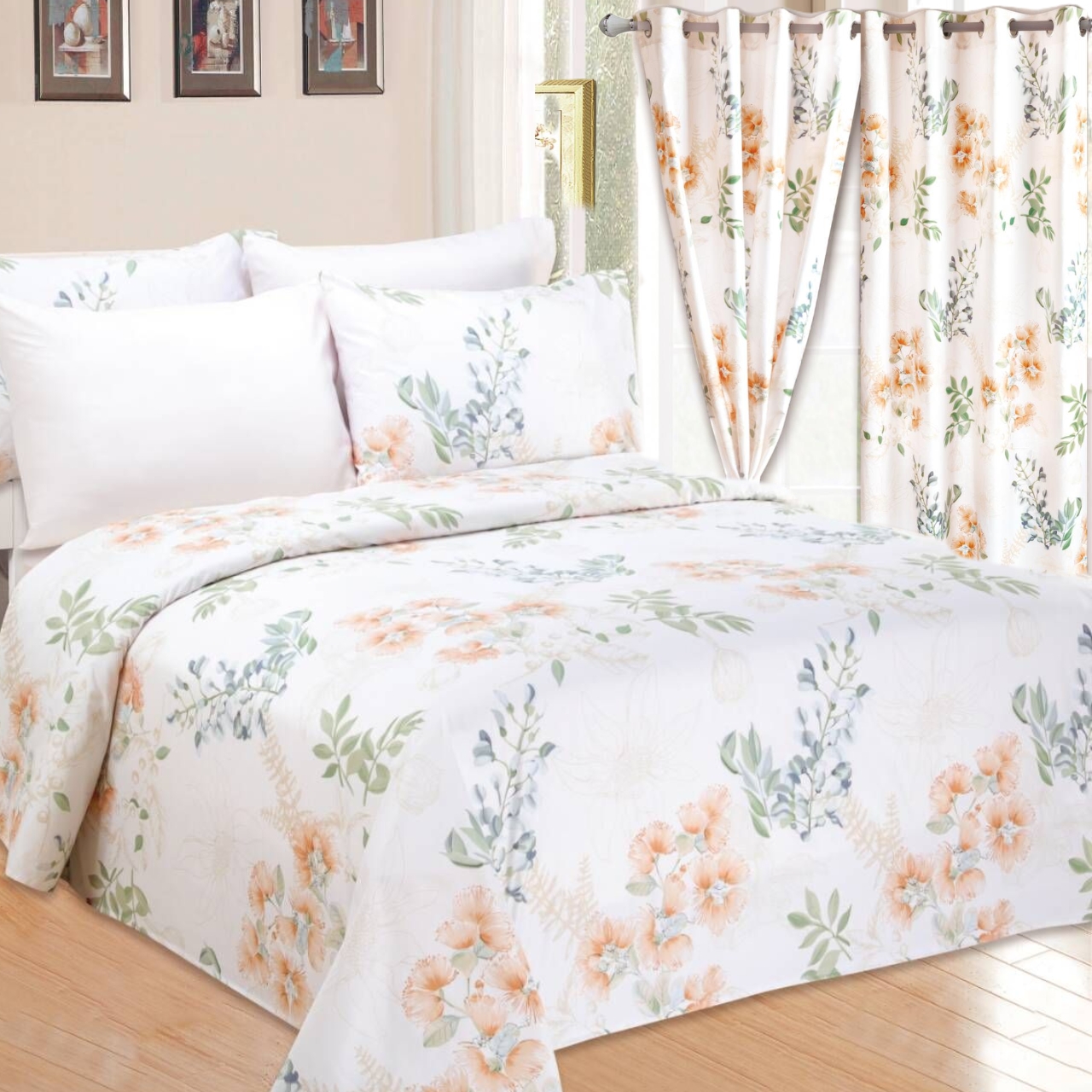 Home 100% Polyester Yellow Floral Print Bedding Set with 2 Curtains 8 Pieces