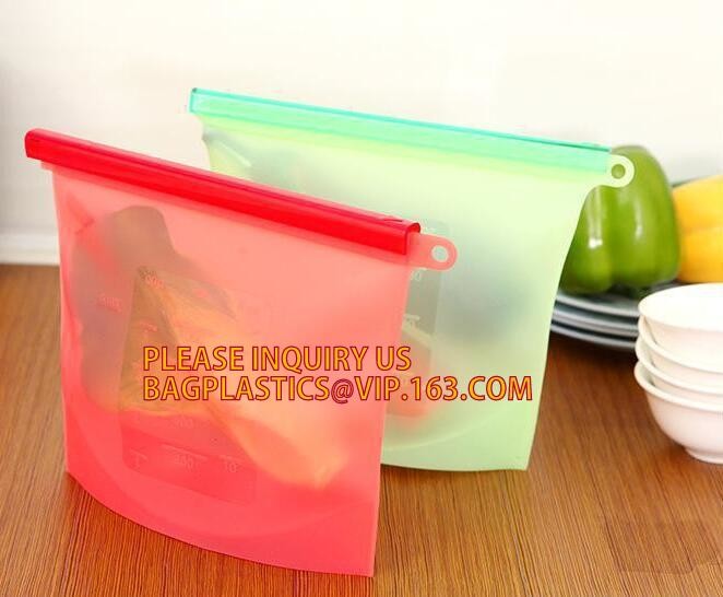 Storage preservation reusable silicone food bag,FDA reusable silicone storage food bag with Zip lockk in microwave bagease