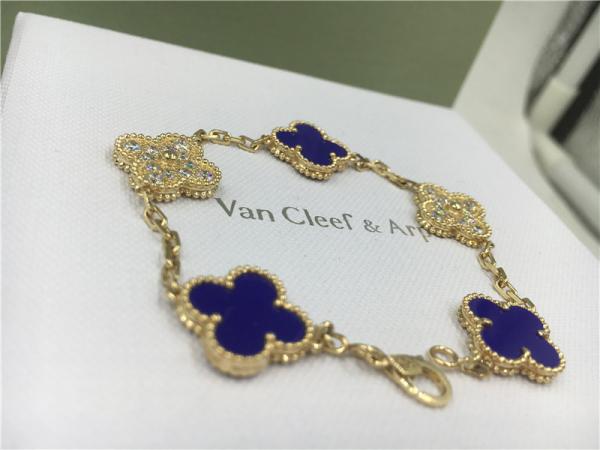 Vintage Alhambra Bracelet Luxury Diamond Jewelry 5 Motifs Yellow Gold Blue