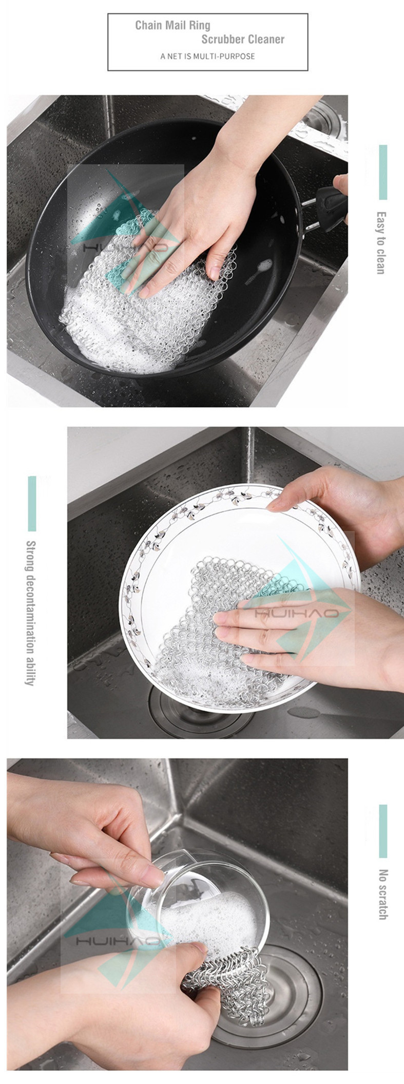 Kitchen Cleaning 1.2mm X 10mm Stainless Steel Chainmail Ring Scrubber