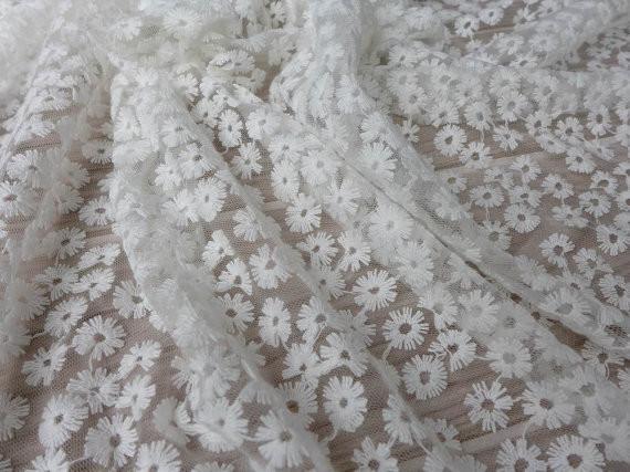 Daisy Small Flower Nylon Mesh Fabric By The Yard , Off White Lace Fabric For