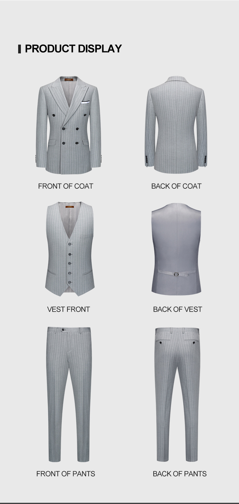 Business Needs Business Suits Gray Striped Double-breasted Gun Lapel Slim Fit 3 Pieces